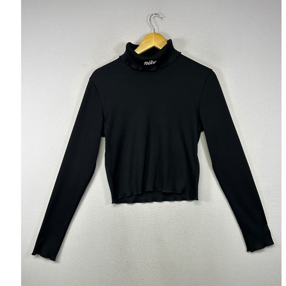 Streetwear Nike Womens Medium Black Ribbed Mock Neck Lettuce Edge Cropped Top